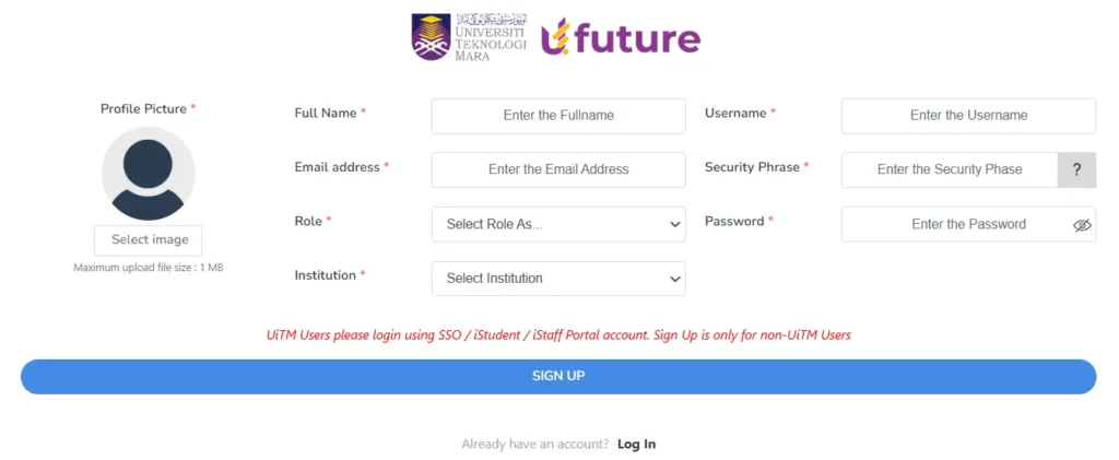 Ufuture Sign Up Screen